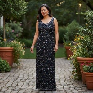 Papēll Boutique Fully Beaded Floral Pink, Blue and Black Formal Gown Dress